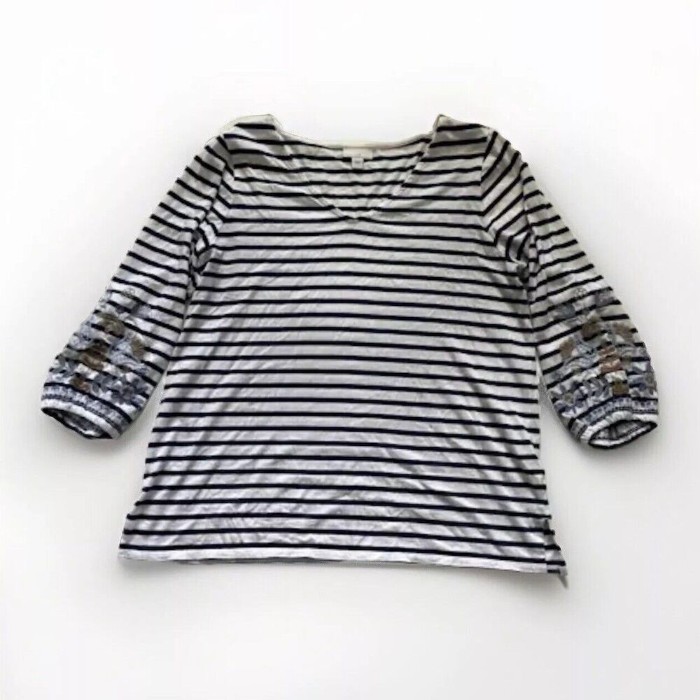 J Jill Size‎ S Navy Striped V Neck Embroidered Fisherman Quiet Luxury Old Money